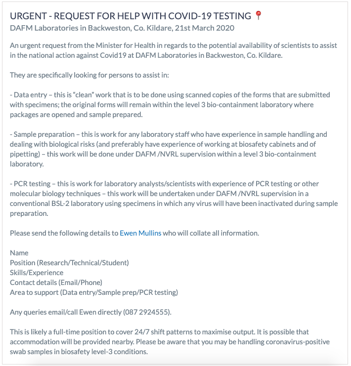 Irish Scientists On Call (@scientistoncall) on Twitter photo UPDATE: <a href="/HSELive/">HSE Ireland</a> have put out an urgent call for full-time staff (data entry and laboratory-based) to assist with #COVID19 testing in 2 repurposed labs in Kildare. See irishscientistsoncall.com website for details UPDATE: <a href="/HSELive/">HSE Ireland</a> have put out an urgent call for full-time staff (data entry and laboratory-based) to assist with #COVID19 testing in 2 repurposed labs in Kildare. See irishscientistsoncall.com website for details