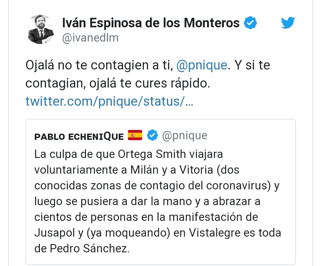pizpiretisima's tweet photo. @oscar_puente_ Y mientras todo ocurría, la derecha alertaba del peligro y de que había que tomar medidas (puede ser que por conveniencia política) pero tenían razón. Y miembros de los partidos gobernantes lo llamaban alarmismo y culpaban a los infectados de partidos como Vox por enfermar. https://t.co/e9ubLbdsMi