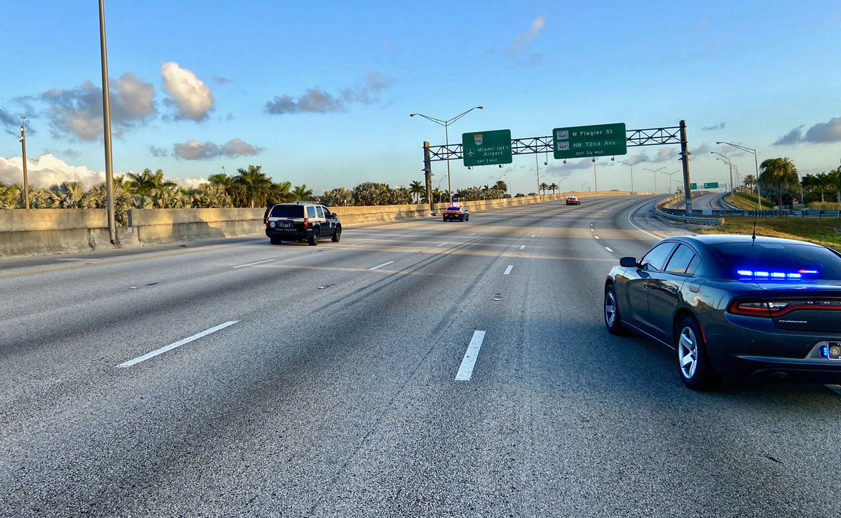 FHPMiami's tweet photo. #TrafficAlert: Northbound State Road 826 is currently shutdown at SW 8 ST. Troopers are on scene investigating a fatal traffic crash involving a motorcycle. Please avoid the area &amp; seek an alternate route. https://t.co/CyhotA75rT