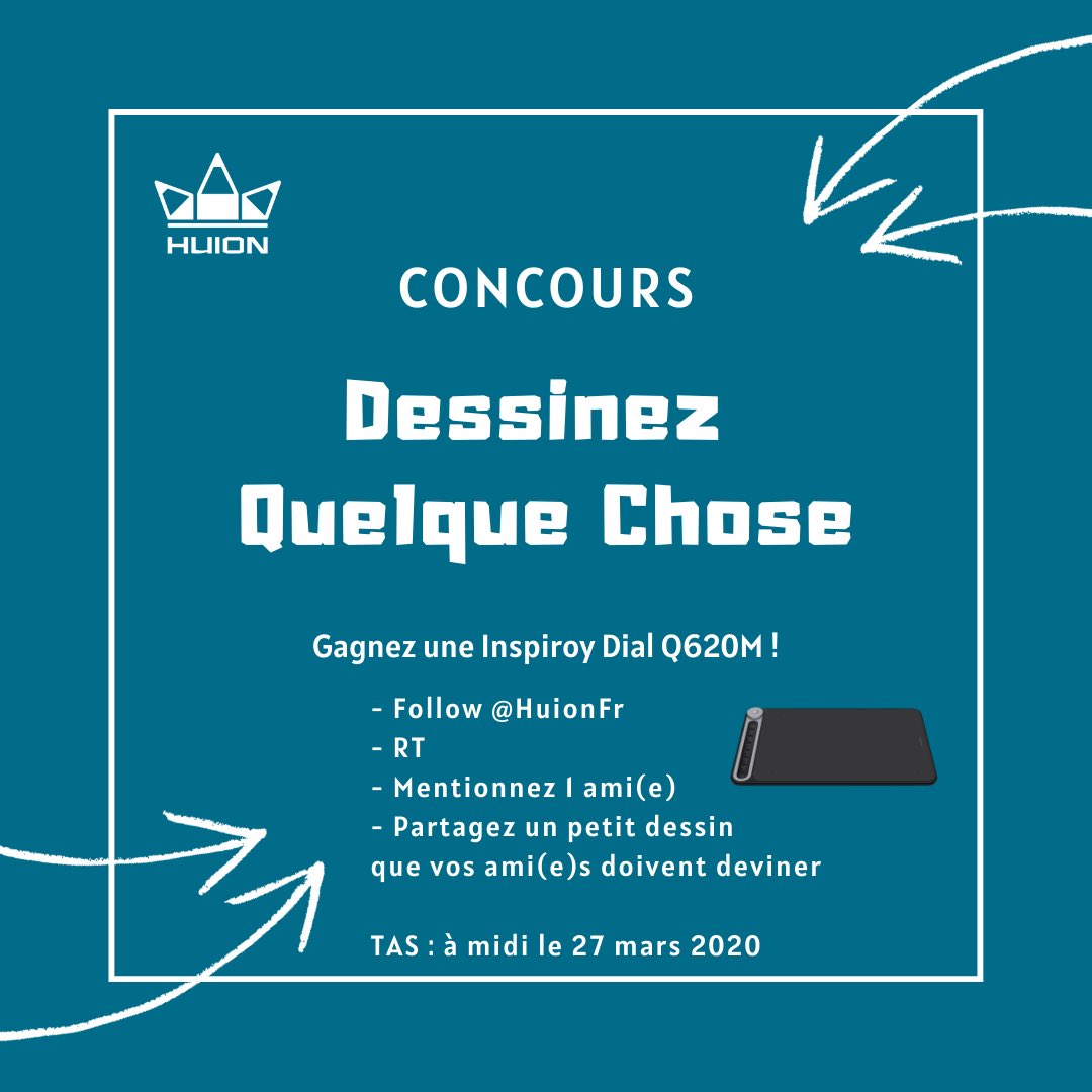 HuionFr's tweet photo. CONCOURS ! Dessinez quelque chose pour gagner une tablette graphique ! 😉
- Follow @HuionFr
- RT
- Mentionnez 1 ami(e)
- Partagez dans le commentaire un petit dessin que vos ami(e)s doivent deviner 
TAS : à midi le 27 mars 
Bonne chance ! 🍀😘 https://t.co/Kv2Zu3fdOg
