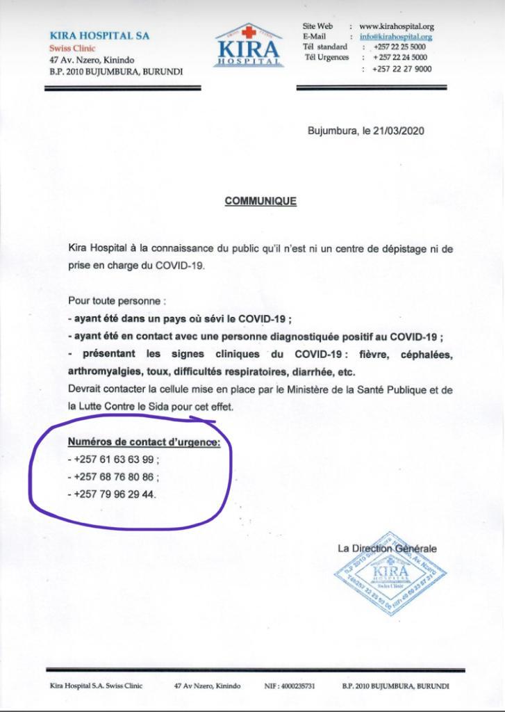  Pensez-vous avoir le  #coronavirus? Le soupçonnez-vous?Voici les numéros de crise au  @mspls_bdi: +257 61 63 63 99  +257 68 76 80 86 +257 79 96 29 44 @kiraswissclinic souligne qu'il n'est "ni un centre de dépistage, ni de prise en charge du  #COVIDー19 au  #Burundi"
