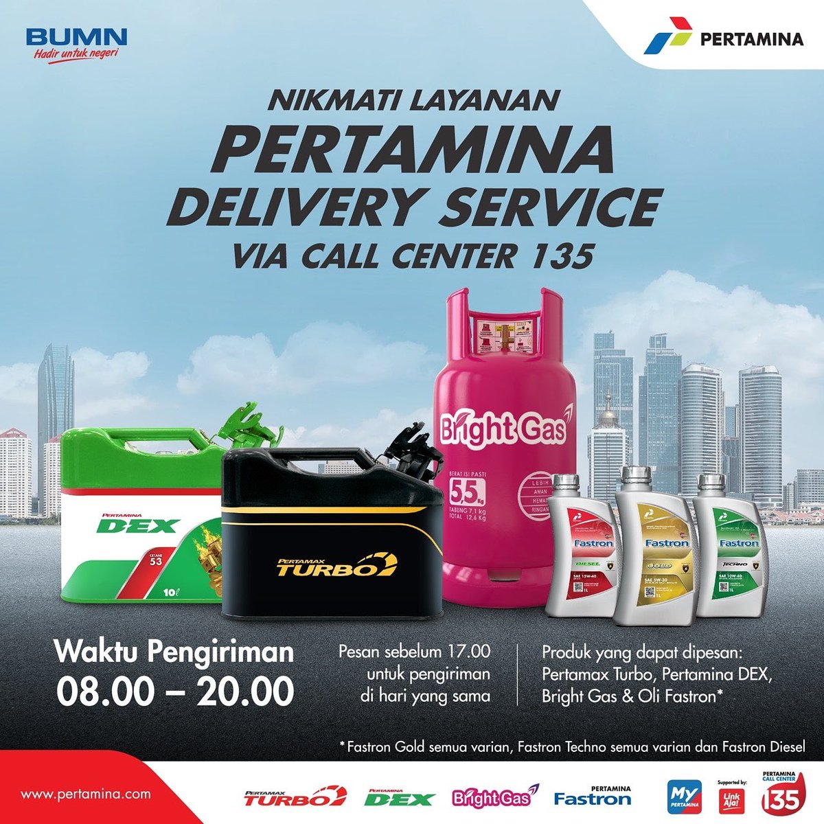 Pertamina Delivery Service unt membantu seluruh aktivitas kamu selama Work From Home. 

#PertaminaDeliveryService tersedia di beberapa wilayah. Info lebih lengkap segera hubungi Pertamina Call Center 135 atau klik link berikut ini: bit.ly/PertaminaDeliv…