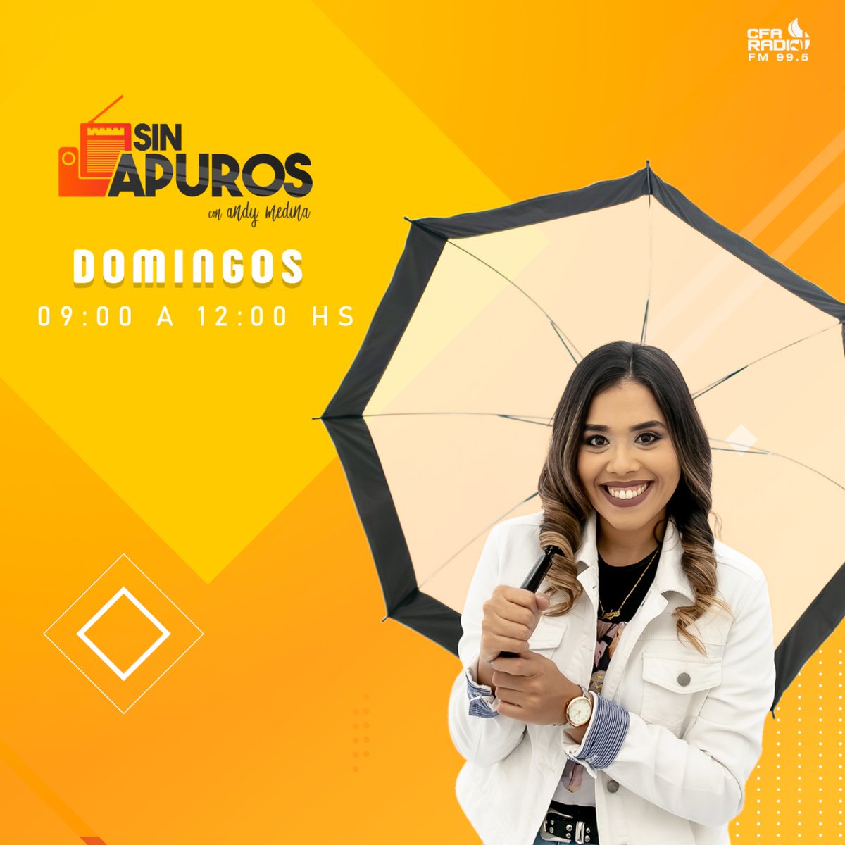 CFAMedios's tweet photo. Disfrutá de un domingo #SinApuros con @andreamedinapy desde las 09:00 hasta las 12:00 hs por la 99.5 FM 🎶. ⠀
🎥 Mirala #ENVIVO en: https://t.co/yoEdxG8vlh | Descargá la App: CFA Radio https://t.co/qfLPPVUEmS