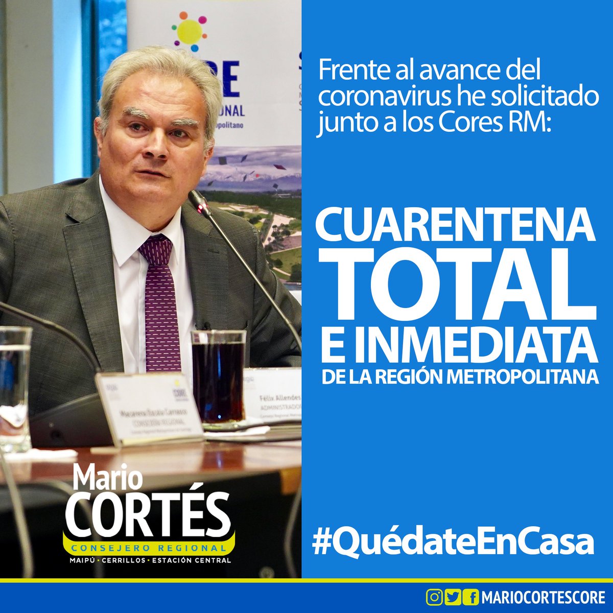 MarioCortesCORE's tweet photo. 🔴 ¡Cuarentena total ahora! En acuerdo por mayoría del @COREsantiago y con mi voto a favor, solicitamos la cuarentena total de la Región Metropolitana, para hacer frente al avance del coronavirus. Es hora de cuidarnos entre todos. https://t.co/7a3mKaSils
