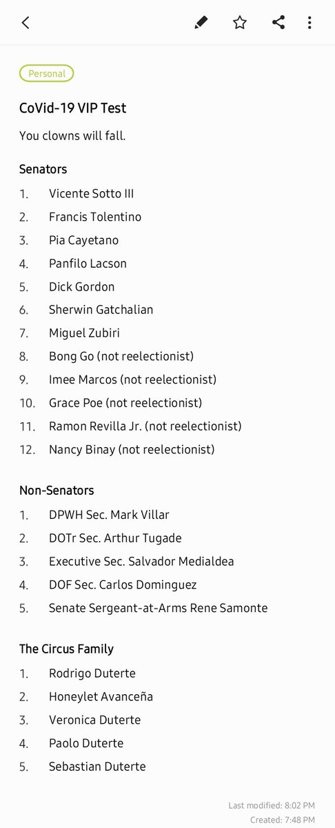 raffyreydado's tweet image. These are the previleged bunch who got tested for CoVid-19 but werent under the DOH Triage protocol. I&apos;m putting these names into my Reminders app for 2022 national election. Dont they even think of running for a position I can vote for.
#FreeMassTestingNowPH
#NoToVIPCovidTesting