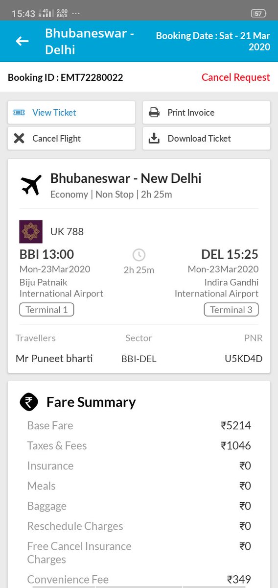 @airvistara @EaseMyTrip  Vistara ,please confirm that flight no. Uk788 , Date - 23-03-2020 from BHUBANESWAR TO DELHI
PNR- U5KD4D is cancelled or not, because today I got computerised call and msg from vistara that flight has been cancelled.