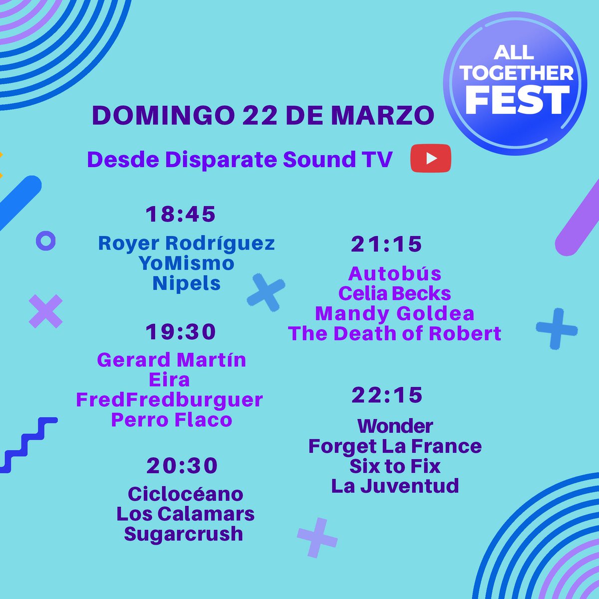 Y seguimos con ALL TOGETHER FEST, que no pare la música!!💥🎸🎤🥁🔝🔥
Hoy también tenemos un cartelazo que no te puedes perder.
A partir de las 18:45H en nuestro canal de YouTube ➡️ Disparate Sound Tv
👇🏻👇🏻Suscríbete para no perderte nada 👇🏻👇🏻
youtube.com/channel/UCZKxS…
