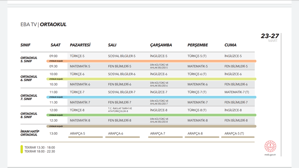 #trt #ebaTV Ortaokul Ders Programı