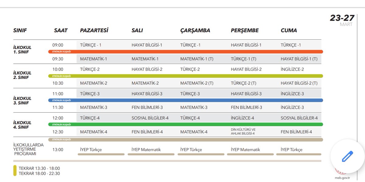 #trt #ebaTV İlkokul Ders Programı