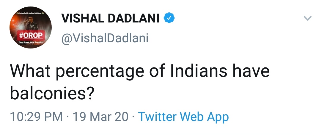 Plz send videos of people on balcony across India showing gratitude to Doctors & other professionals to @VishalDadlani .  Let him count.