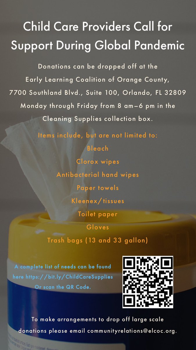 ELCOC's tweet photo. “We need the bare essentials of bleach, paper products, wipes, toilet paper, paper towels, and gloves immediately or we will be forced to close our doors as soon as next week,”   
stated Silvana Sanabria, owner of Kids Now Academy in a letter requesting emergency assistance. https://t.co/ZRii8uHk9Y