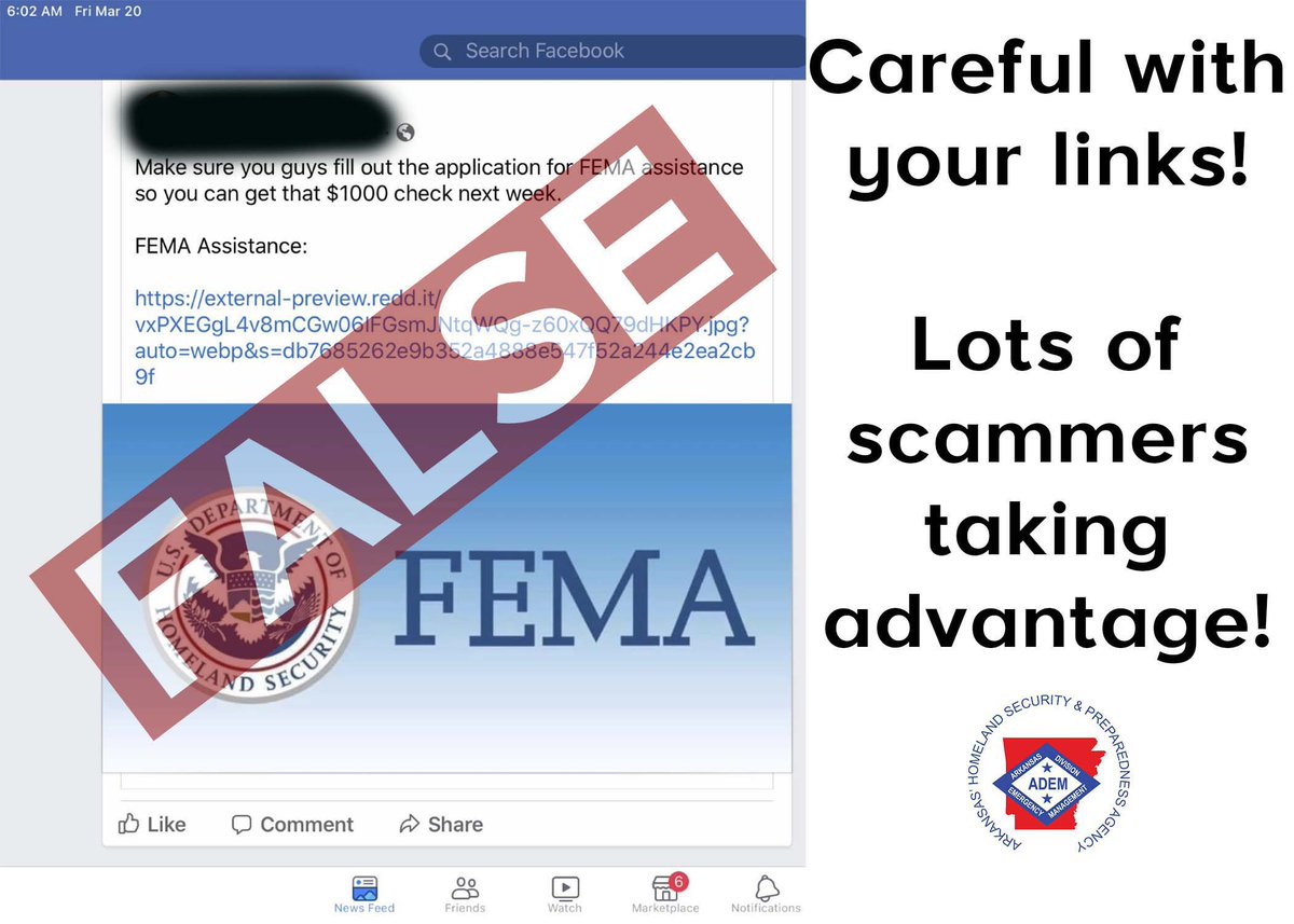 AR_Emergencies's tweet photo. Don't be like this guy!  FEMA is NOT handing out $1,000 checks. Beware of non-official social media posts and links. Get your information from official government sources. We verified this link and it's definitely NOT an application for $$$ #COVID19 #COVID19Ark #BeInTheKnow https://t.co/34tfV2lCWq
