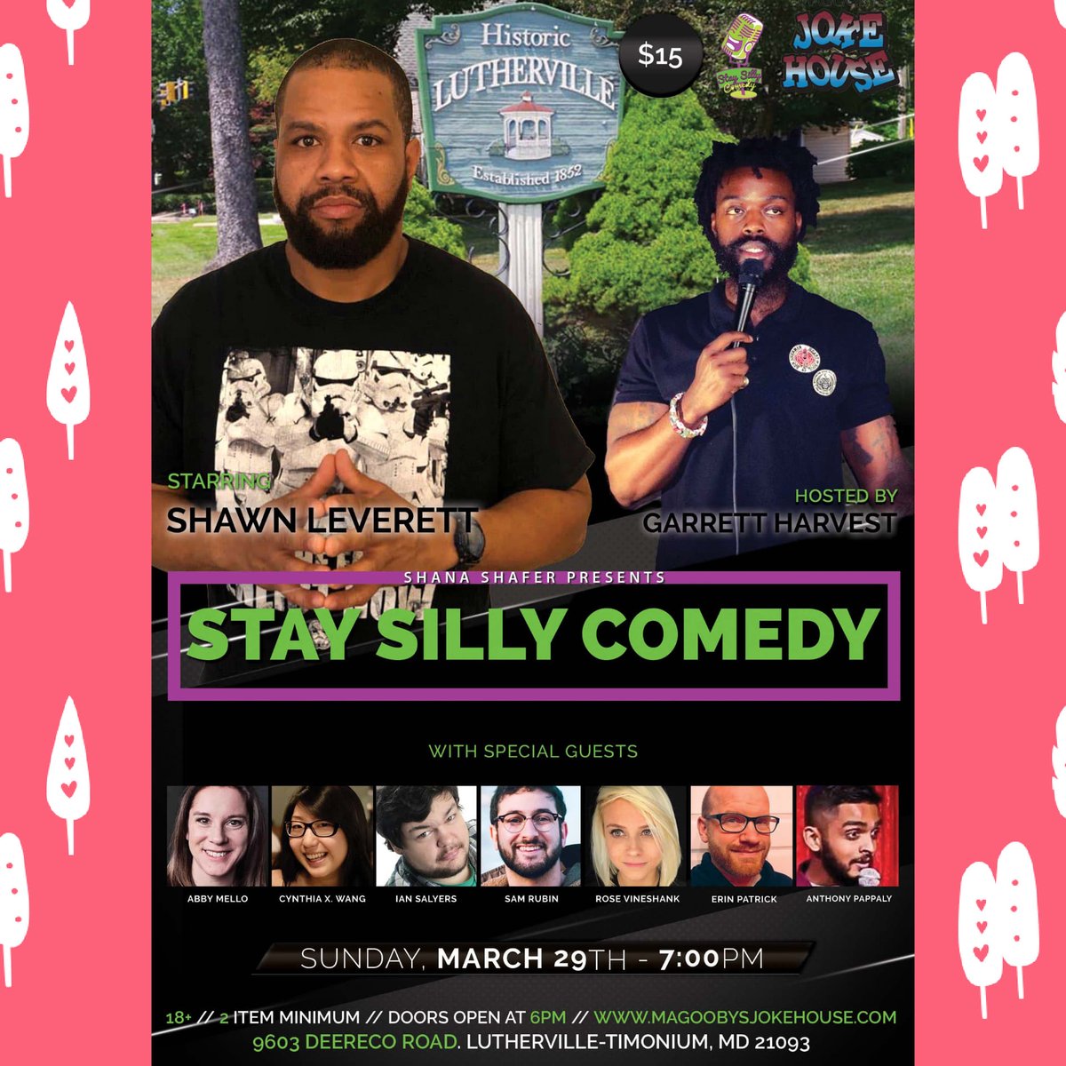 StaySillyComedy's tweet photo. Come to @Magoobys Sunday March 29th, 7pm! Don't miss Shawn Leverett! Get tickets now https://t.co/fOkMD0l7FX
#Comedy #ComedyClub #ComedyShow #Comics #Comedians #Funny  #Maryland #Lutherville #Timonium #Baltimore #Laugh #FunThingsToDo #Nightlife #Drinks #StaySilly #GetSillyWithIt https://t.co/VFDhwQwVxE