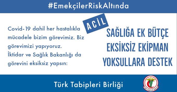 📢 #EmekçilerRiskAltında

📌Koruyucu malzeme temin edilmeli
📌YaygınTest yapılmalı
📌Yemek, barınma imkanlarının sağlanmalı
📌Borçlar ve kiralar ertelenmeli
📌Sınırlı, rotasyonlu çalışma saatleri düzenlenmeli
📌İş yerine güvenli ulaşım için servis imkanları sağlanmalı