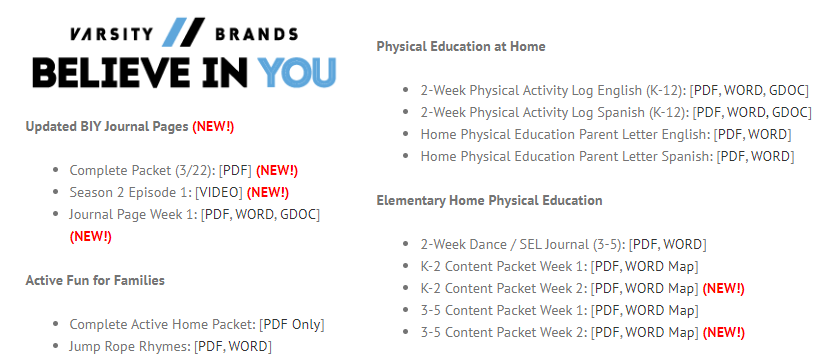 OPENPhysEd's tweet photo. NEW CONTENT RELEASED! Week 2 lesson plans for #HPEatHome! Also #BelieveInYouChallenge lessons! Updated content from OPEN National Trainers w/ links, too! Look for the (NEW!) tag in red! All prior releases still available!  https://t.co/84BsfLUPIg #teachershelpingteachers  #physed https://t.co/bMiFonLtVf