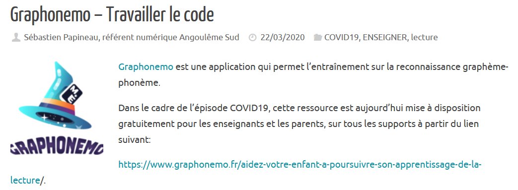 sebpapineau's tweet image. Pour travailler le code en CP, Graphonemo devient gratuit pour les enseignants et les parents. Merci Magik Eduk
#ContinuitePedagogique #lecturecp
blogs16.ac-poitiers.fr/enr/?p=4441