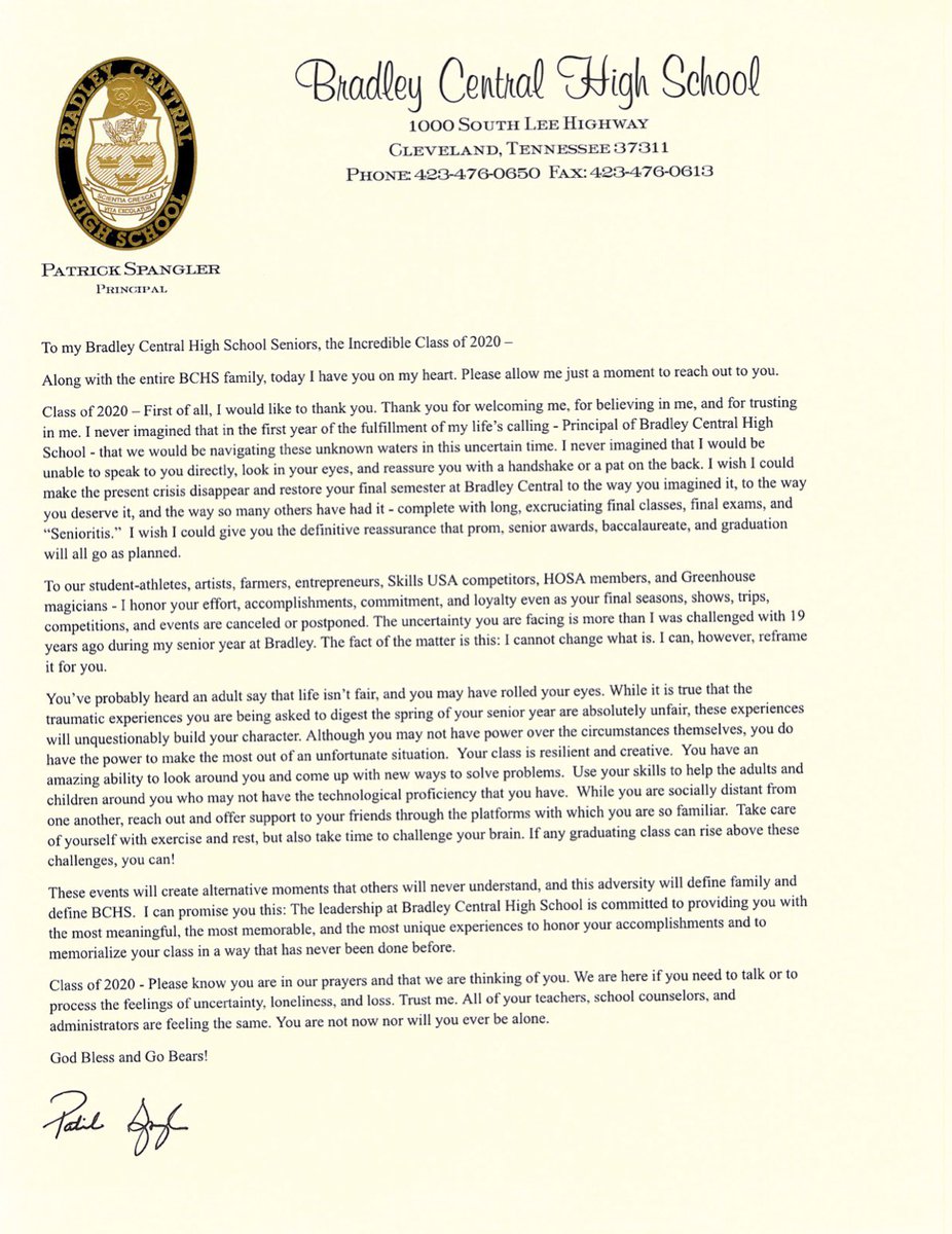 ATTENTION: Special message from Mr. Spangler to the Class of 2020! <a href="/THEREALBCNATION/">#BCNATION</a>