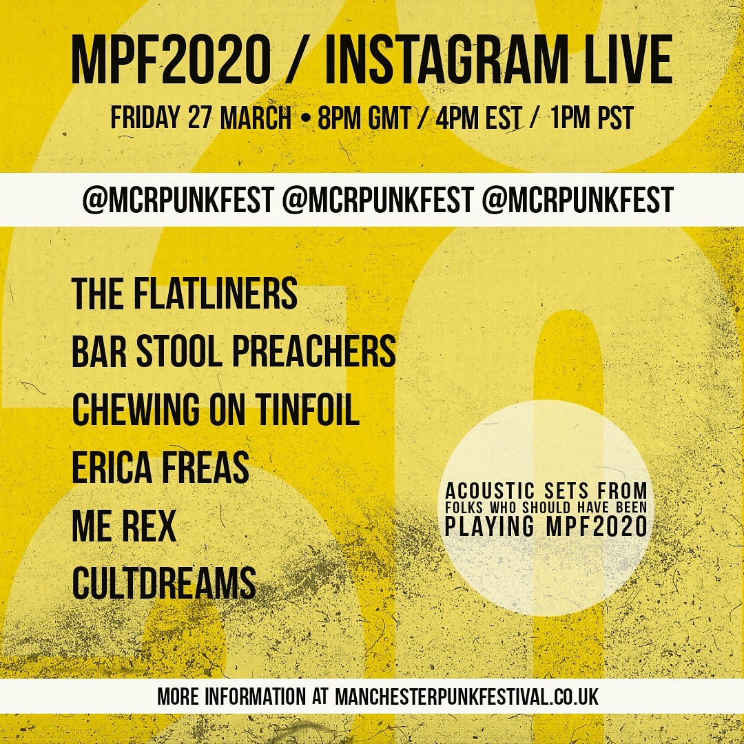 Manchester Punk Festival (@mcrpunkfest) on Twitter photo You can't come to MPF, so we're bringing MPF to you! 🐝
This Friday, we've got a number of folks playing live to you through our Instagram. We'll have sets from <a href="/theflatliners/">THE FLATLINERS</a>, <a href="/BarPreachers/">BarStoolPreachers</a>, @chewinontinfoil, <a href="/ericafreas/">Erica Freas</a>, @MEREXEREM and <a href="/cultdreamsband/">𝕮𝖚𝖑𝖙𝖉𝖗𝖊𝖆𝖒𝖘</a>. 🎉📲🐝 You can't come to MPF, so we're bringing MPF to you! 🐝
This Friday, we've got a number of folks playing live to you through our Instagram. We'll have sets from <a href="/theflatliners/">THE FLATLINERS</a>, <a href="/BarPreachers/">BarStoolPreachers</a>, @chewinontinfoil, <a href="/ericafreas/">Erica Freas</a>, @MEREXEREM and <a href="/cultdreamsband/">𝕮𝖚𝖑𝖙𝖉𝖗𝖊𝖆𝖒𝖘</a>. 🎉📲🐝