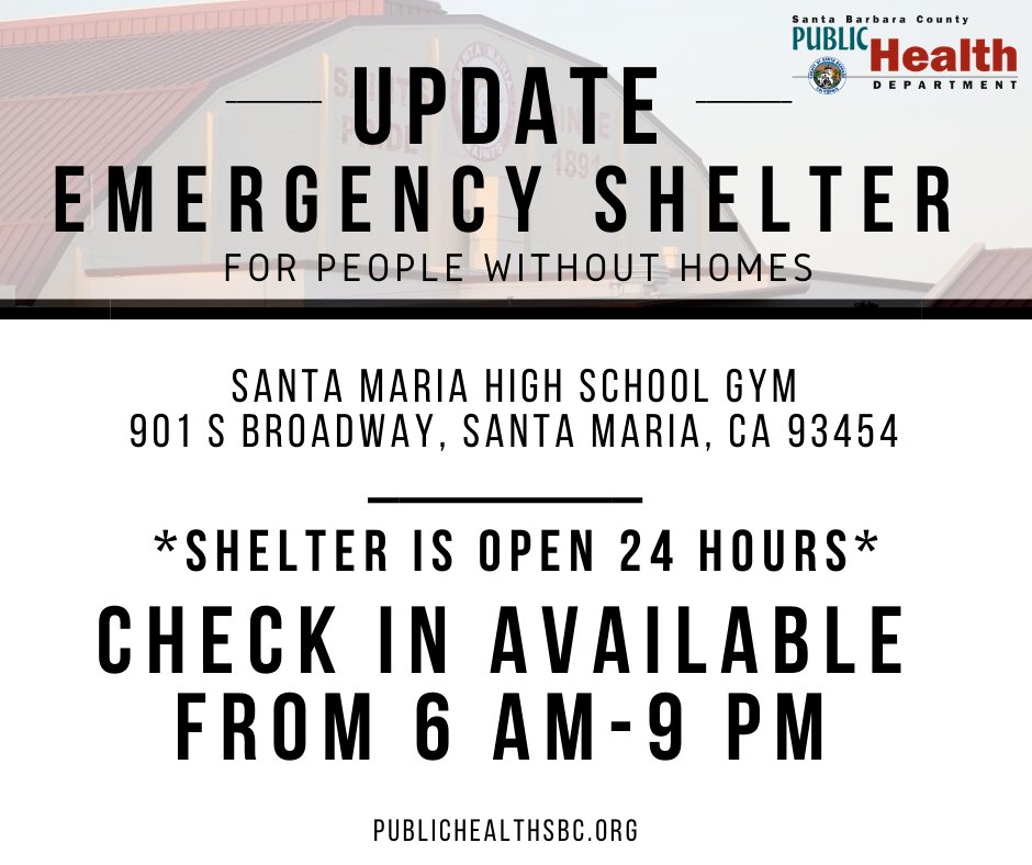 SBCountyHealth's tweet photo. *UPDATE* Emergency Shelter for people without homes is open 24 hours a day at Santa Maria High School: 901 S Broadway, Santa Maria, CA 93454 entrance to shelter occurs from 6 am - 9 pm daily. Entrance is Gate 12 off of Stowell St.
#COVID19 #Emergencycenter #SantaMaria https://t.co/0hHZXWAXFr