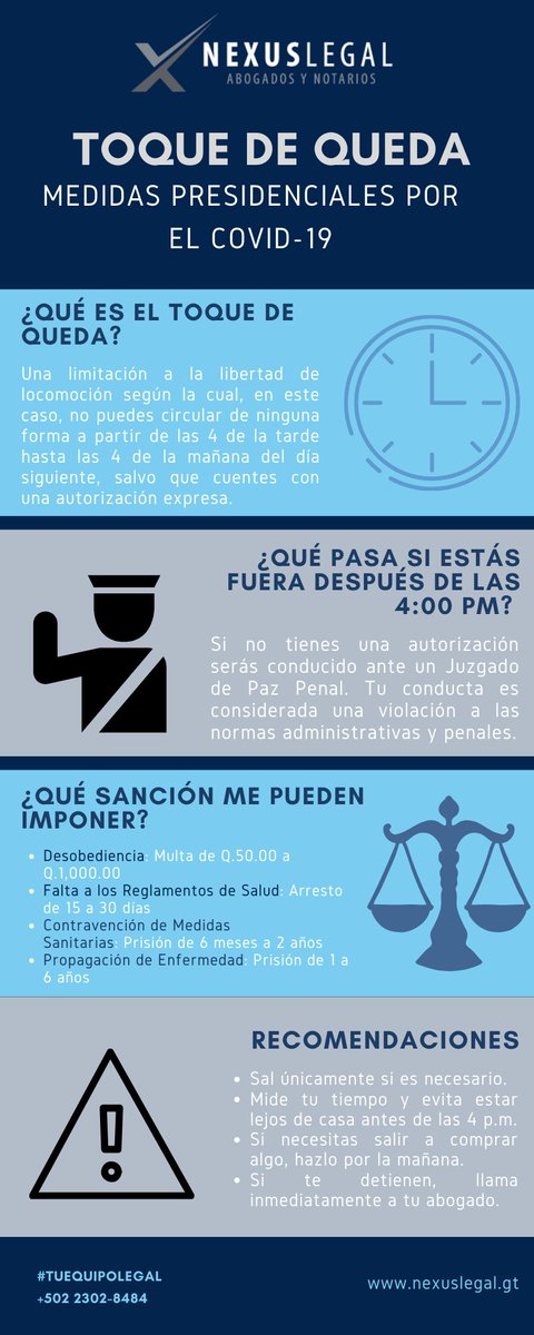 nexuslegalgt's tweet image. ¡Resuelve tus dudas sobre el #ToqueDeQueda en un minuto con esta infografía que preparamos para ti! #TuEquipoLegal #UnidosContraElVirus #COVID19
