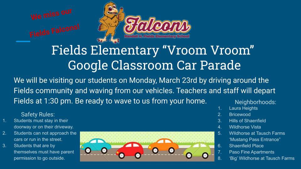 NISDFields's tweet photo. @NISDFields Little Falcons, come outside and wave to us during the parade!  We love and miss you.  Do your online school work first! Google Classroom begins tomorrow! #Falconsunite https://t.co/fPw8wO5V1h