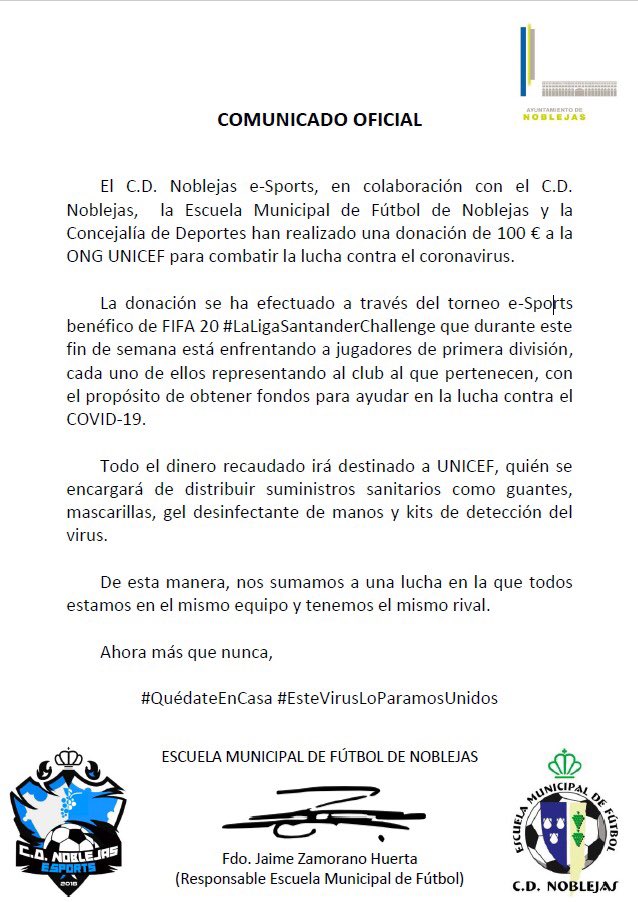 CDNoblejaSports's tweet photo. ⚠️COMUNICADO OFICIAL CD NOBLEJAS E-SPORTS⚠️

Nuestra aportación para la lucha contra el COVID-19 de la mano de la estupenda iniciativa de @IbaiLlanos . Como sección e-Sports de un club oficial, no queríamos faltar a esta bonita fiesta...

#QuedateEnCasa #EsteVirusLoParamosUnidos https://t.co/SUdmdZy2b0