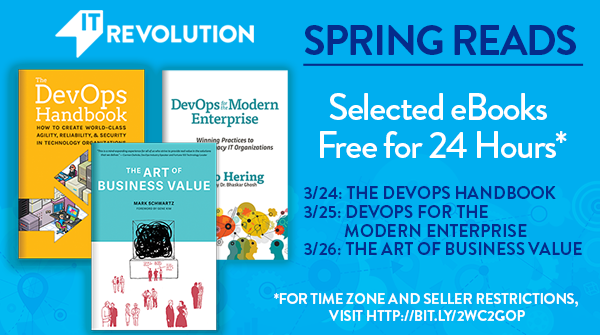 ITRevBooks's tweet image. Get ready for spring! IT Revolution is celebrating the return of warmer weather by making selected ebooks FREE for 24 hours! (March 24-26) Retweet and follow us to get the details. *For time zone and seller restrictions, visit bit.ly/2wc2gOP.
