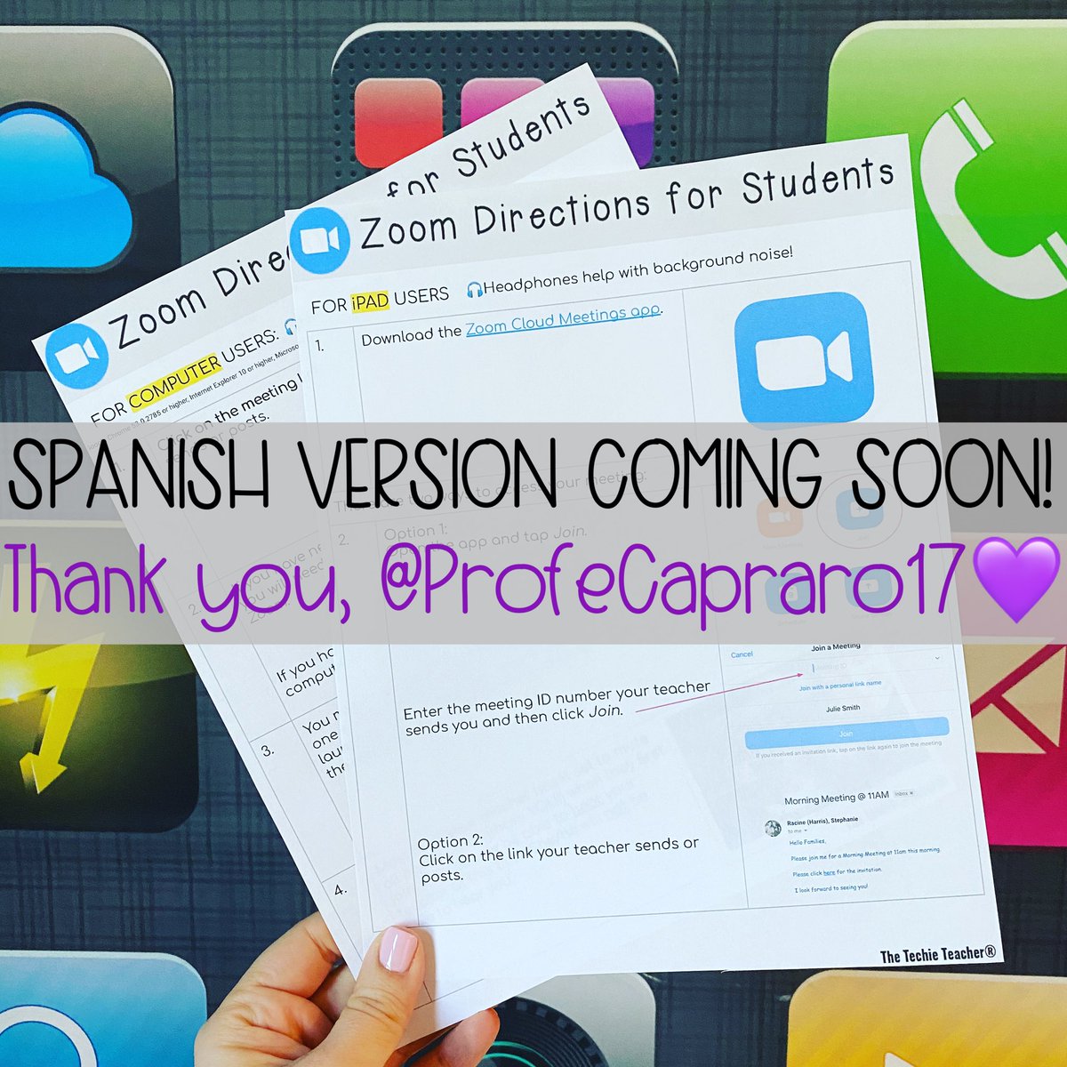 JGTechieTeacher's tweet photo. COMING SOON! @ProfeCapraro17 is translating the @zoom_us Student Directions to Spanish🙌💜 https://t.co/v8mW6IGCqc