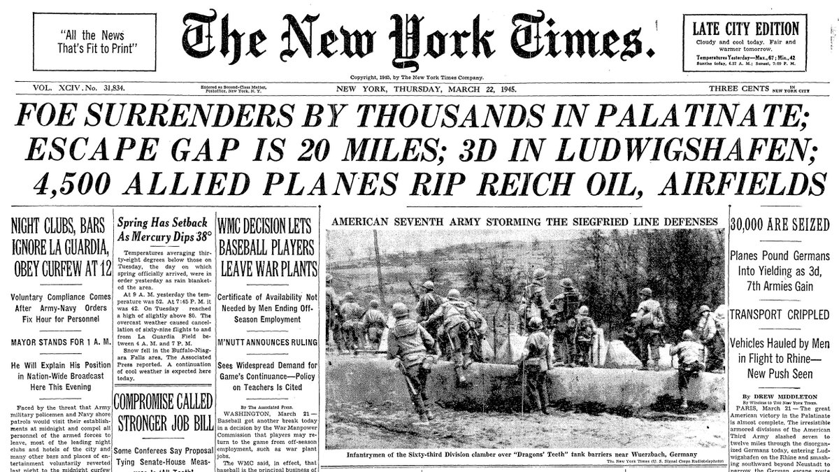 March 22, 1945: Foe Surrenders by Thousands in Palatinate; Escape Gap Is 20 Miles; 3D in Ludwigshafen; 4,500 Allied Planes Rip Reich Oil, Airfields  https://nyti.ms/2QBC0Ey 