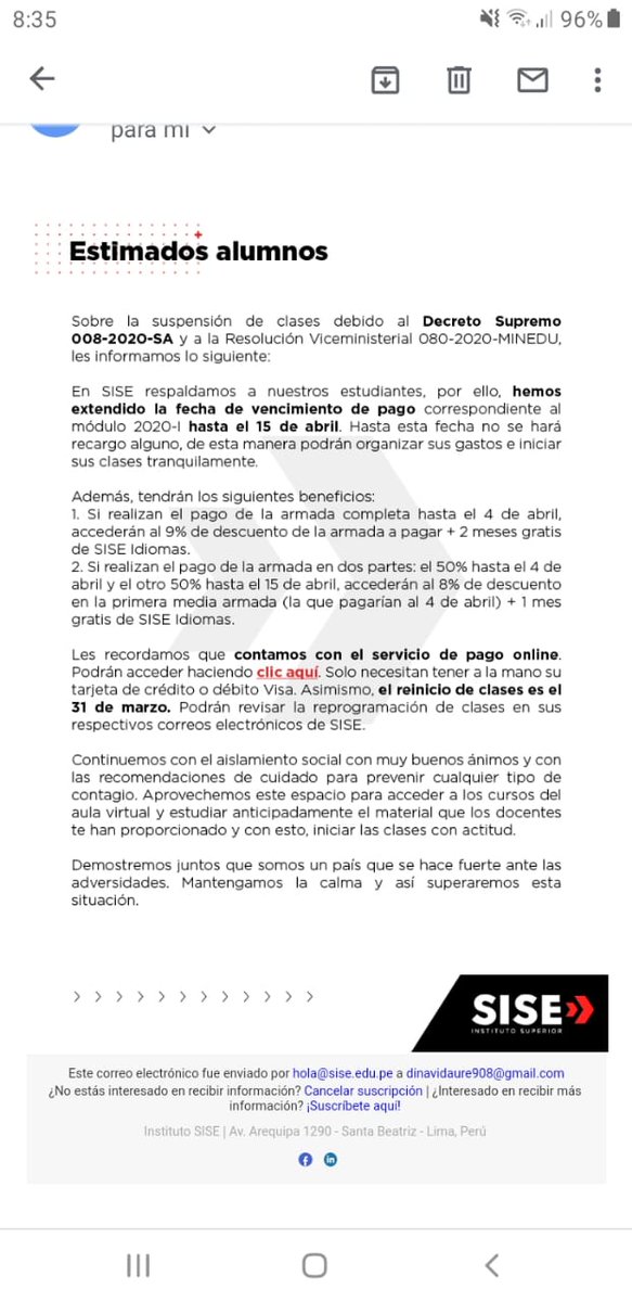 @canalN_Hola que tal vengo denunciar instituto Superior sise que un comunicado que envió a todos los alumnos por medio de su correo aclara ellos que tenemos que pagar nuestra pensión el día 15 de abril no es justo nosotros ya hemos pagado