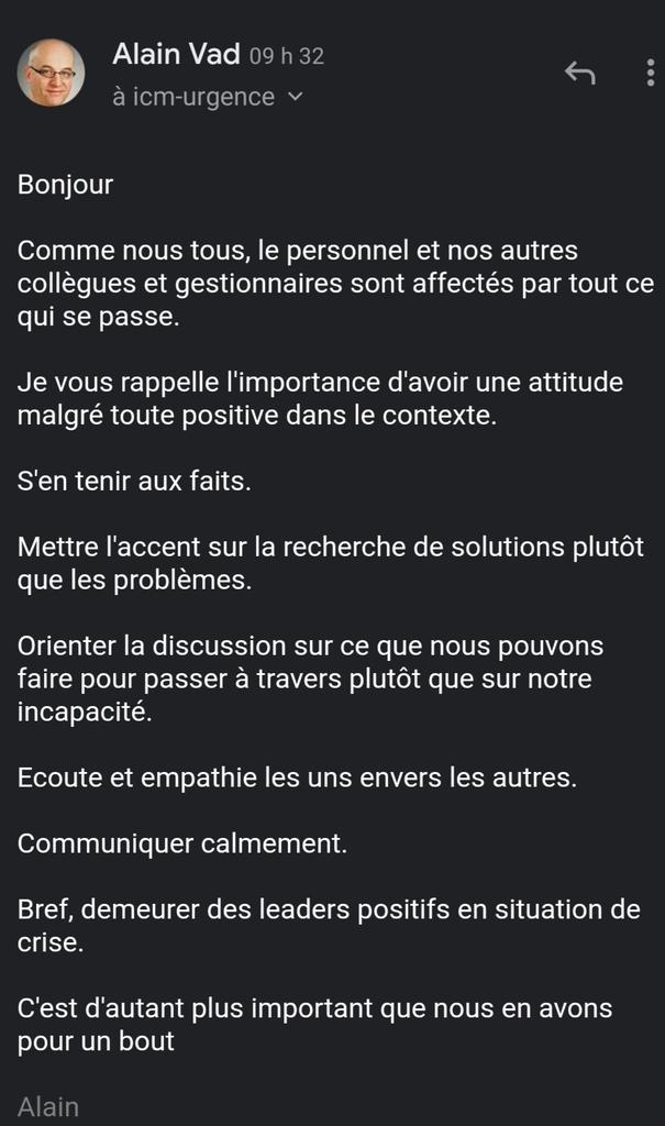 Message que je viens d'envoyer à mon équipe médicale. Mais dans le fond, ça s'applique à tout monde, qu'on travaille en santé ou pas, qu'on soit position d'influence ou pas, dans l'action ou le confinement. Bref,  un message d'intérêt général, si ça peut aider. #covid19