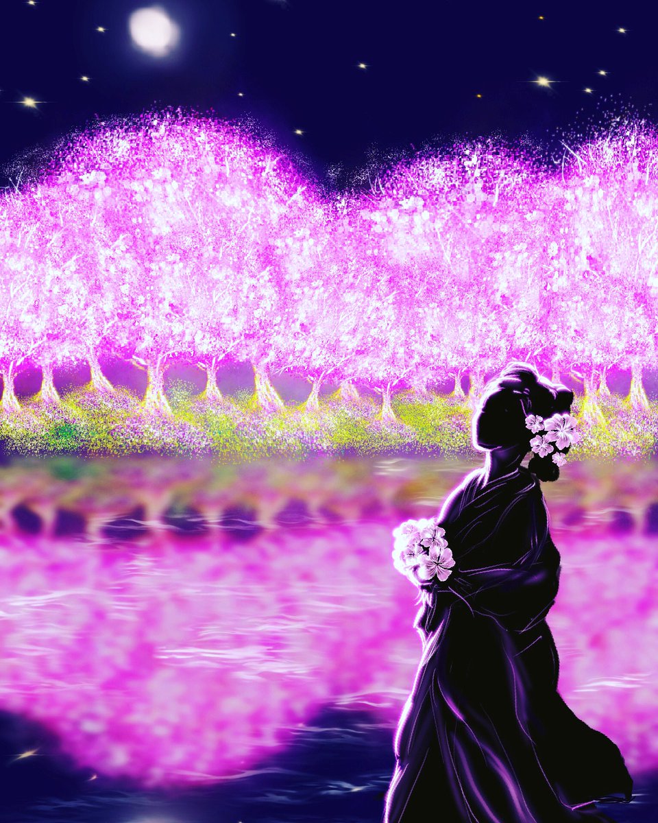 21Momon's tweet photo. 桜の季節��すね。夜桜描いて見ました。
#桜　#さくら　#夜桜　＃デジタルアート　#絵画 https://t.co/QOwv3yR7Gs