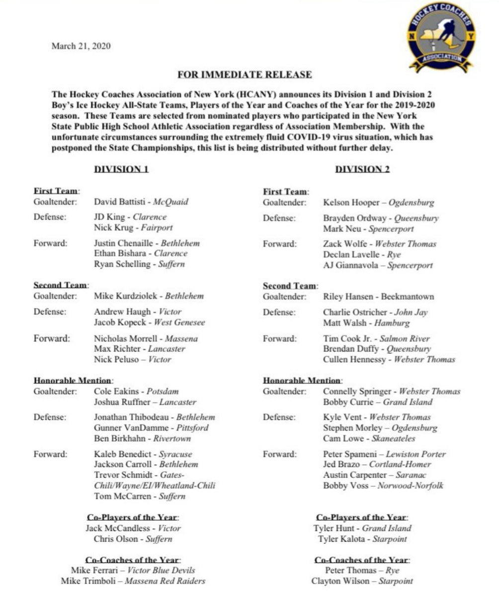 trav_is_jackson's tweet image. Here are your 2019-2020 All State Team Lists. The one on the left is from the Hockey Coaches Association of New York (HCANY). The one on the right is from the New York State High School Hockey Coaches Association (NYSHSHCA):