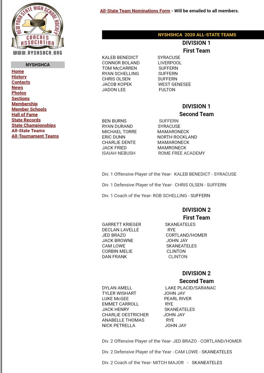 trav_is_jackson's tweet image. Here are your 2019-2020 All State Team Lists. The one on the left is from the Hockey Coaches Association of New York (HCANY). The one on the right is from the New York State High School Hockey Coaches Association (NYSHSHCA):