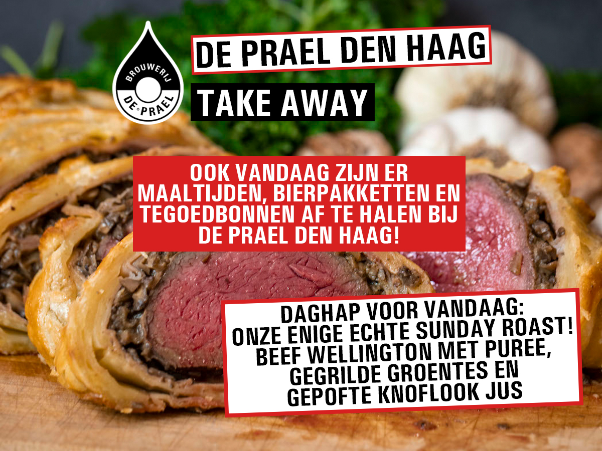 DePraelDenHaag's tweet photo. Nog even van de zon kunnen genieten vandaag en geen zin om te koken? Steun #DePraelDenHaag en haal vanavond je eten bij ons af. De #daghap van vandaag: Beef Wellington met puree, gegrilde groentes en gepofte knoflook jus voor de vriendelijke prijs van €11. https://t.co/UGsFjEtz0X
