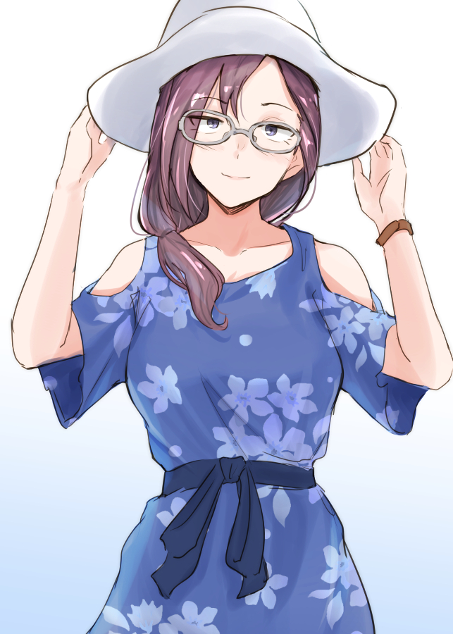 1girl solo hat dress glasses white headwear blue dress  illustration images