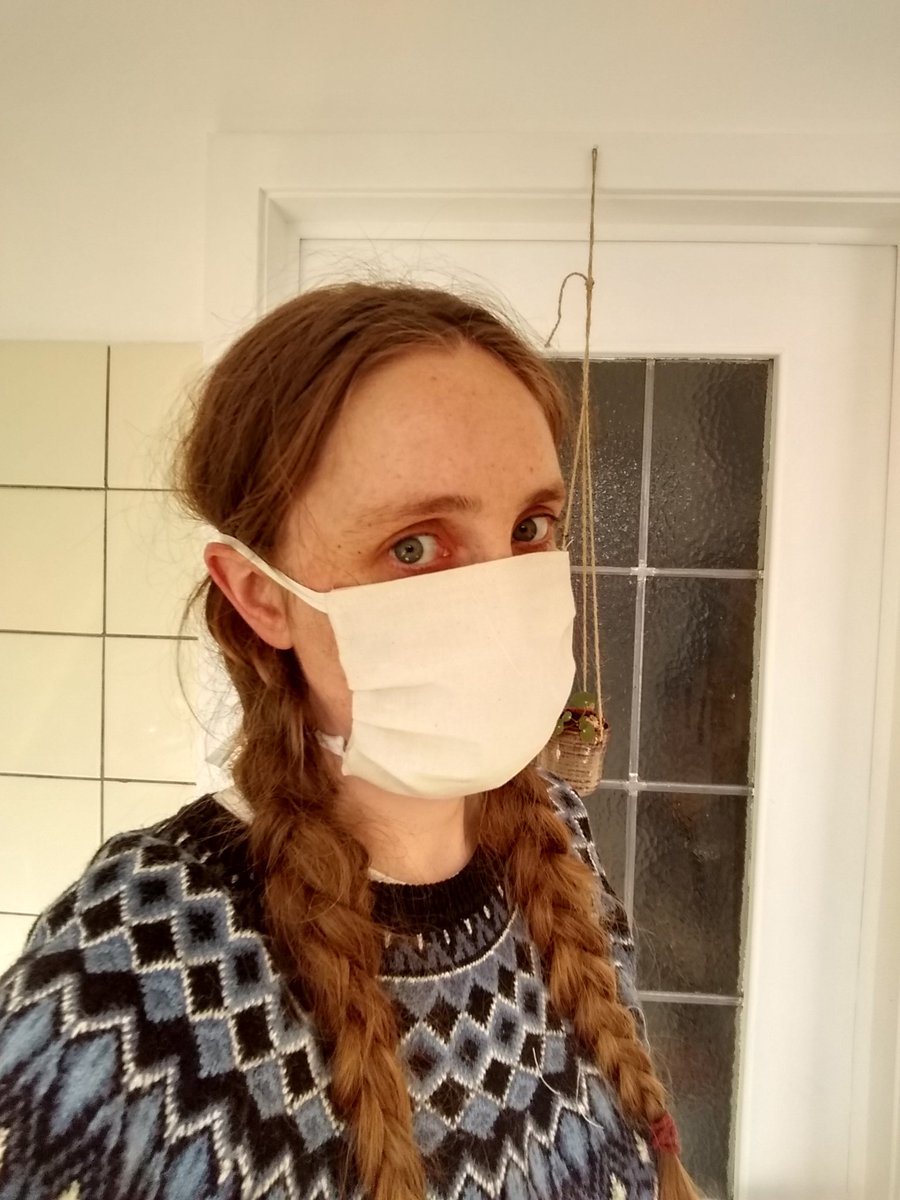 My attempt at the mask from  http://makefacemasks.com  : takes longer, covers the chin better, but the sides worse. You should add some wire for the nose when you make this one (cc  @clancynewyork ).