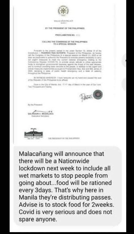 Palace spokesman Salvador Panelo denies rumors that the government will impose a nationwide lockdown next week to address the #COVID19 threat: "Absolutely not true. Stop believing false news and information."

Attached is a screenshot of the FALSE advisory. | via <a href="/pia_gutierrez/">Pia Gutierrez</a>