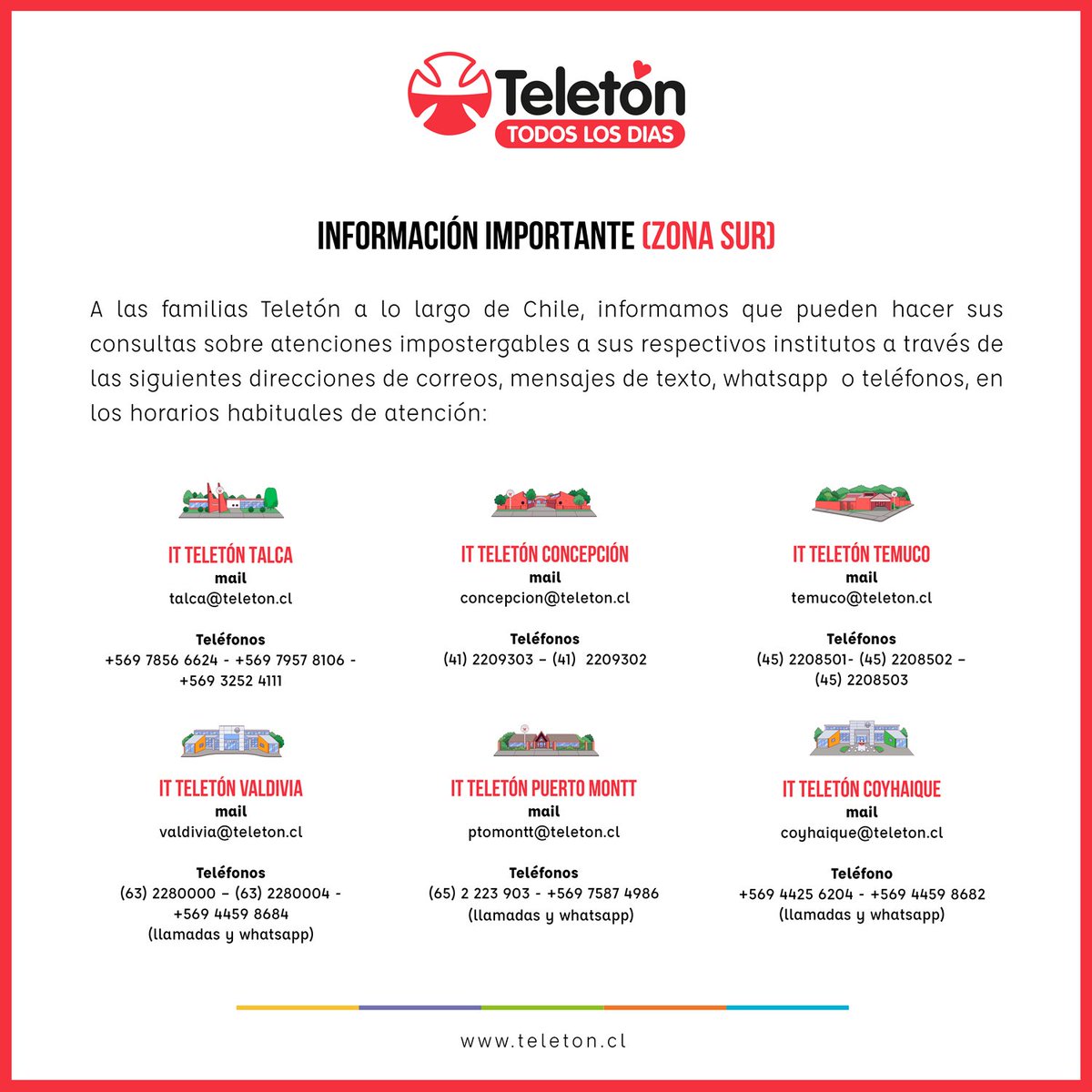 Teleton's tweet photo. ATENCIÓN FAMILIAS TELETÓN ⚠

Para consultas sobre atenciones de urgencia e impostergables hemos dispuesto los siguientes canales de comunicación en todos nuestros institutos a lo largo del país.

¡No dudes en contactarnos! 🙂 https://t.co/3ToZf3RSyp