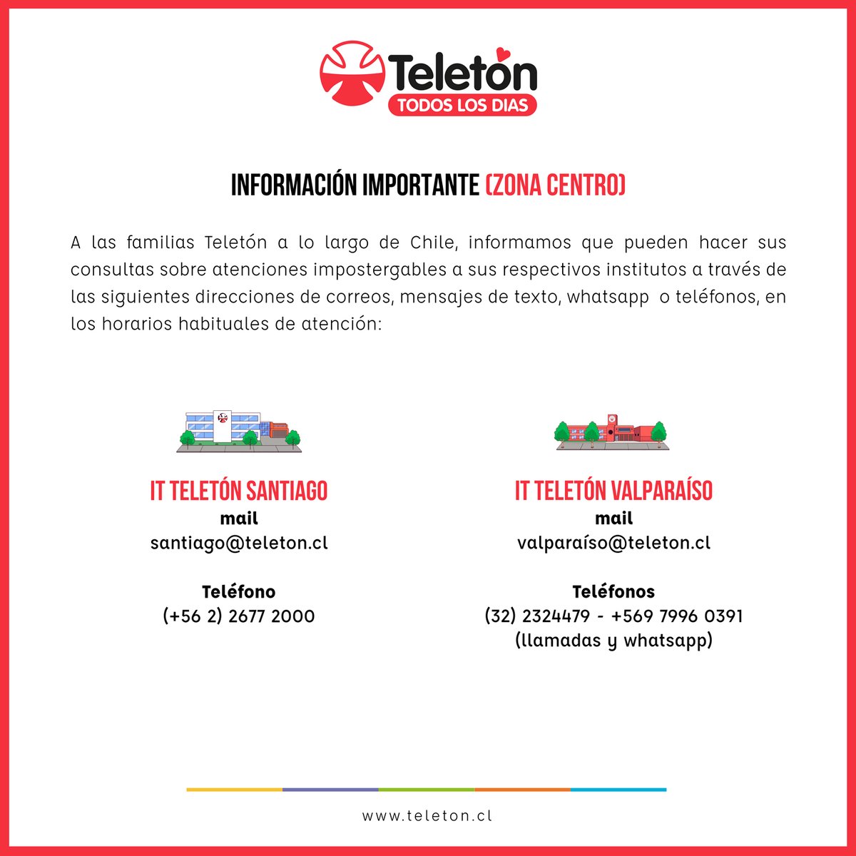 Teleton's tweet photo. ATENCIÓN FAMILIAS TELETÓN ⚠

Para consultas sobre atenciones de urgencia e impostergables hemos dispuesto los siguientes canales de comunicación en todos nuestros institutos a lo largo del país.

¡No dudes en contactarnos! 🙂 https://t.co/3ToZf3RSyp