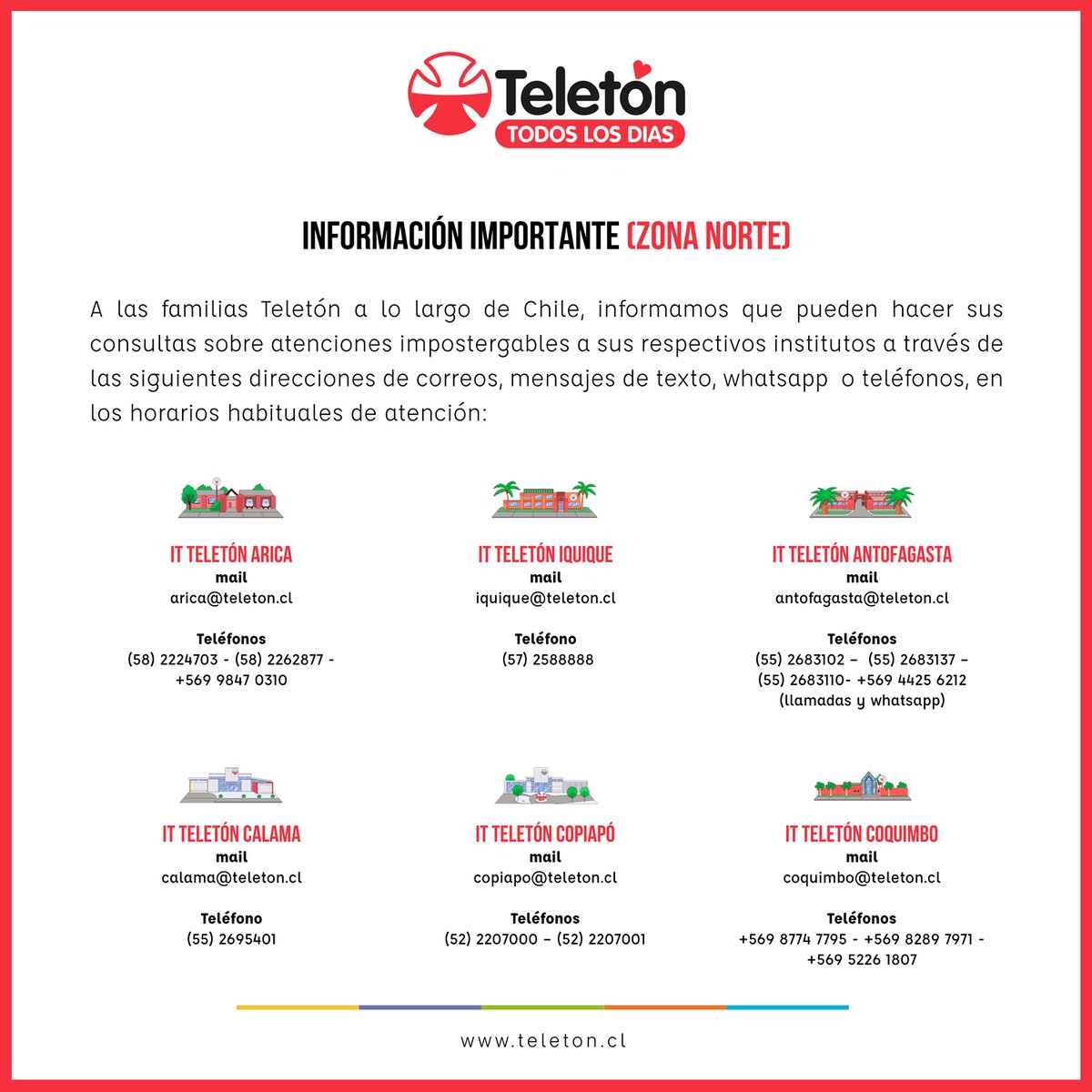 Teleton's tweet photo. ATENCIÓN FAMILIAS TELETÓN ⚠

Para consultas sobre atenciones de urgencia e impostergables hemos dispuesto los siguientes canales de comunicación en todos nuestros institutos a lo largo del país.

¡No dudes en contactarnos! 🙂 https://t.co/3ToZf3RSyp