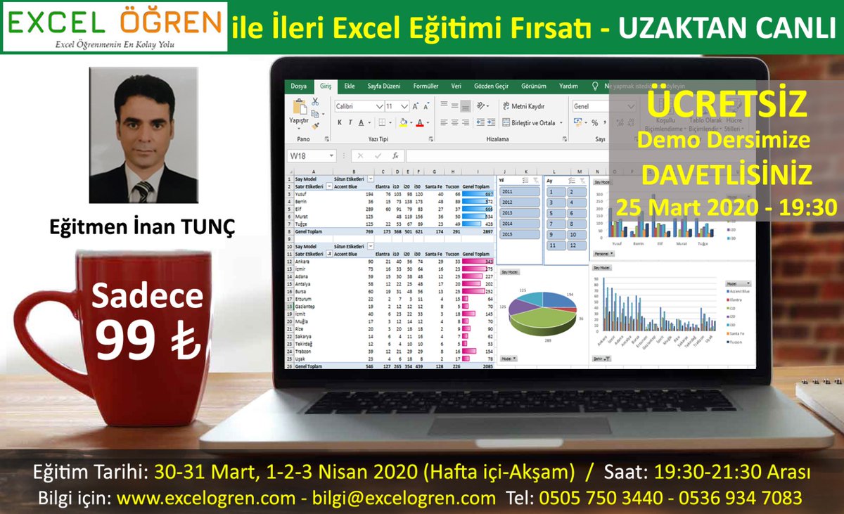 Excelogren's tweet photo. @inantuncc yönetiminde 30 Mart akşamı başlayacak 10 saatlik Uzaktan Canlı İleri Excel Eğitim fırsatı sadece 99 TL...

Eğitim öncesi karar vermenize yardımcı olacak ücretsiz demo dersi 25 Mart tarihinde 19:30'da yapılacak.

Demo ders kaydı ve bilgiler için
https://t.co/pgTpiBFiUF https://t.co/GiVncFHReL