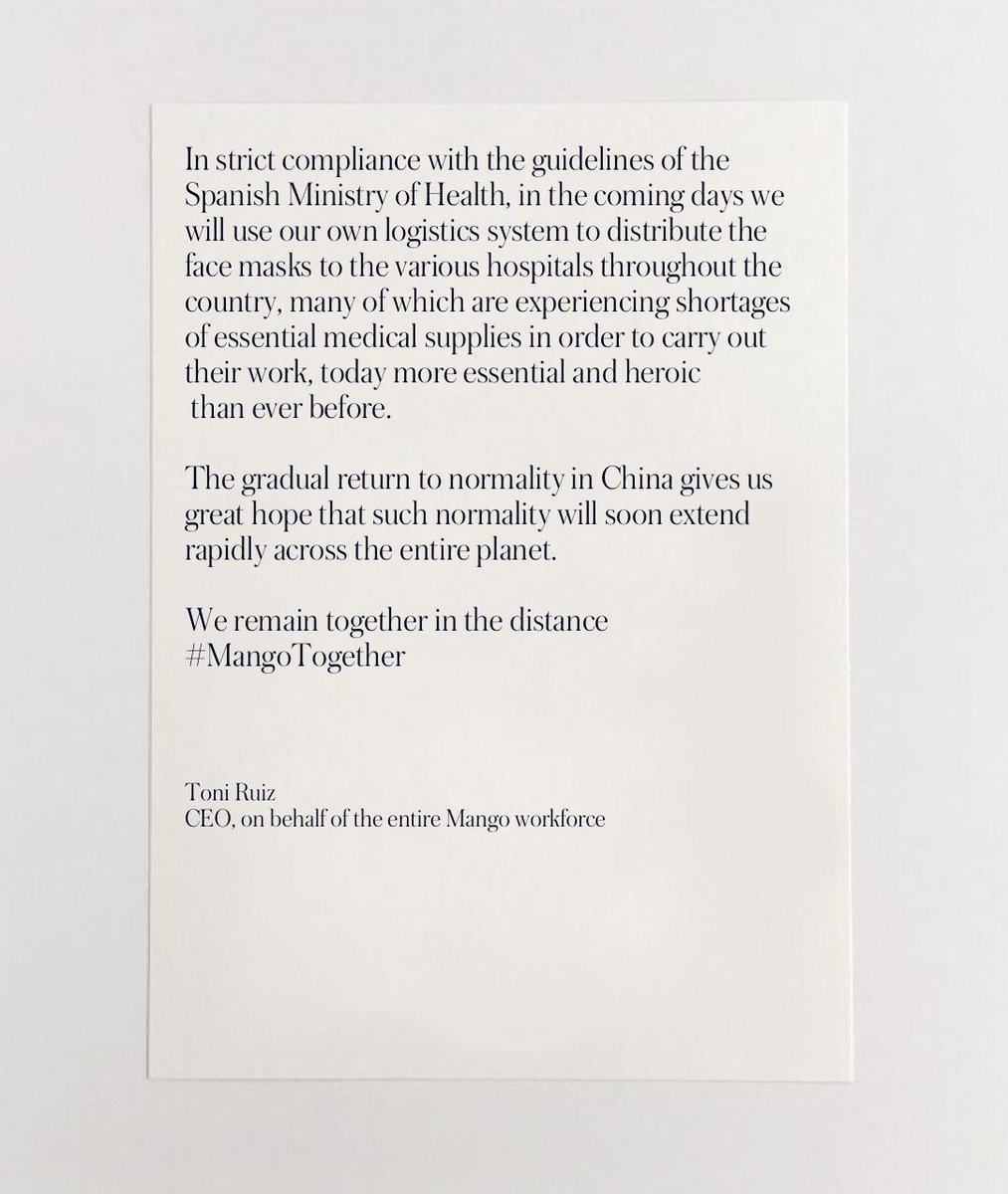 Mango's tweet photo. Being together is key, and we all must do our part within our capacity. Over the next days, we'll be donating 2 million masks to hospitals in Spain. Find a letter of our CEO. 
#MangoTogether #StayHome https://t.co/0YnHddx9mC