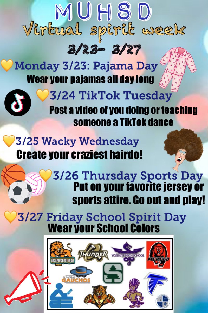cougar_crossing's tweet photo. Cougars, Falcons, Bears, Wolves, Gauchos, Thunder, all MUHSD students, staff, families and friends! Let’s do a VIRTUAL SPIRIT WEEK! 🎉Take pictures each day &amp; tag your own school’s social media account! #MUHSDPRIDE #WEAREMUHSD #stayhome #VirtualSpiritWeek https://t.co/phPIlwzMWL