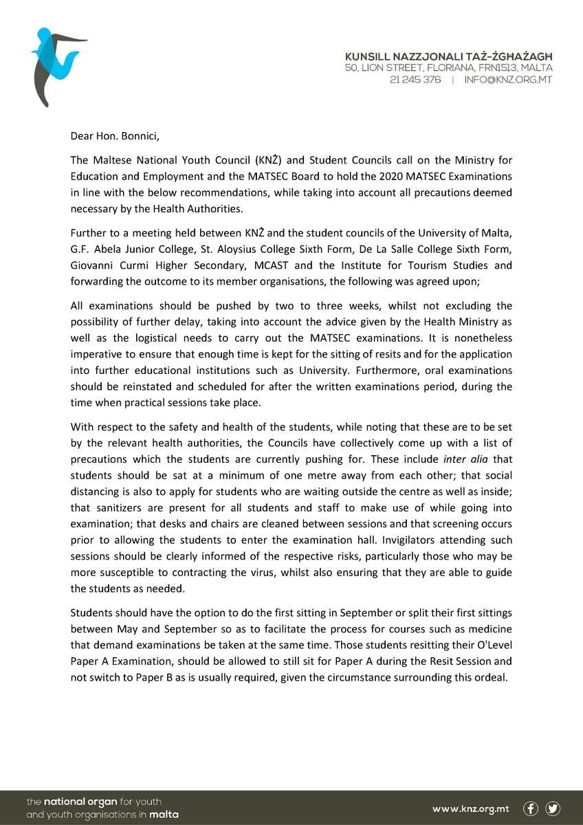 KNZMalta's tweet image. KNŻ's letter to Minister @OwenBonnici outlining the Council’s recommendations on #MATSEC exams due to #COVIDー19. 
Thanks to @KSUMalta, KSJC as well as council’s from St. Aloysius College Sixth Form, De La Salle College Sixth Form, Giovanni Curmi Higher Secondary, MCAST &amp;amp; ITS.