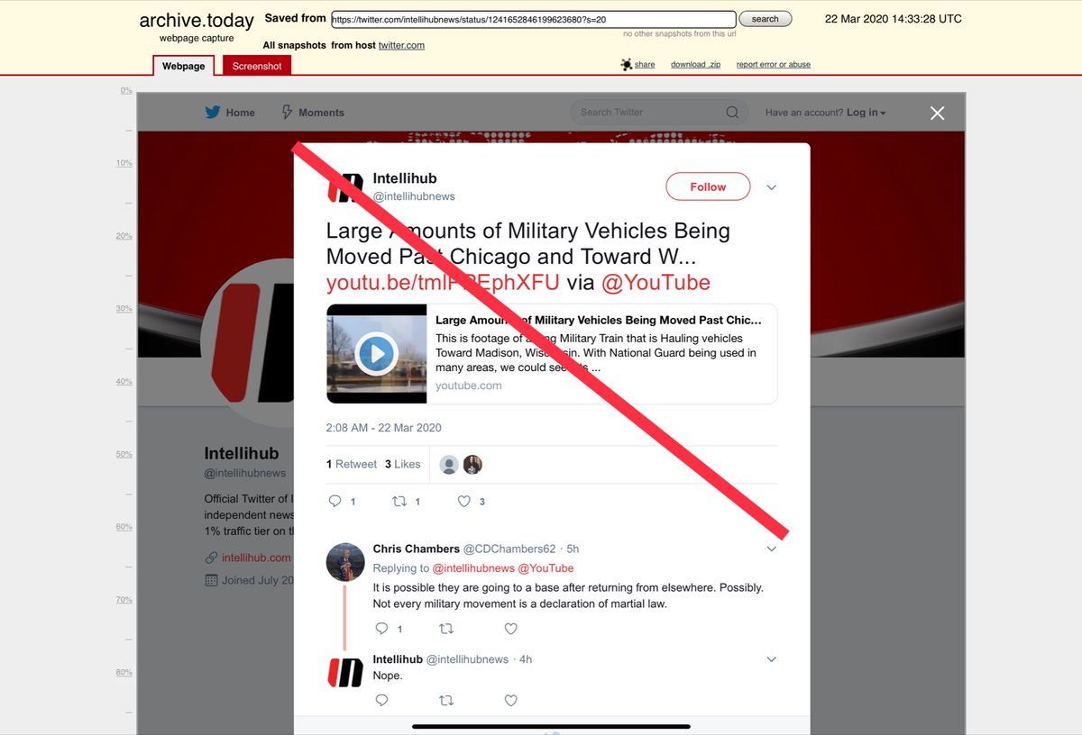MORE:@/Intellihubnews is a quagmireCharacteristics of a cyborg, mixing “reputable news” with QAnon.March 17, 2020 account started using #/martiallaw & >80% of tweet since then misrepresentingcc  @SlickRockWeb  @IdeaGov Hoaxy: How claims spread online  https://hoaxy.iuni.iu.edu/#query=intellihubnews&sort=mixed&type=Twitter&lang=