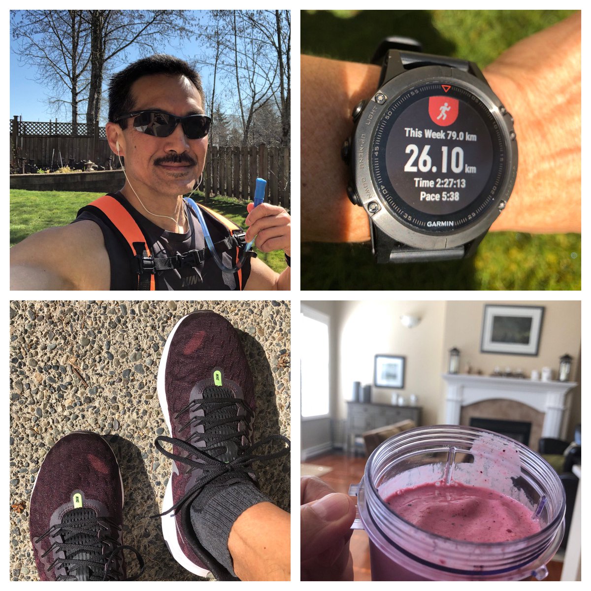 TimYesaki's tweet photo. First time using a hydration pak for my #socialdistancing long run! No water available from closed Rec centres. Post-run smoothie was the reward. #beautifulday https://t.co/aVGtMKhzlC