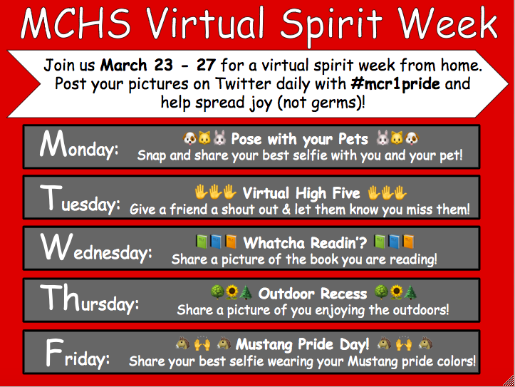 mcr1_nhs's tweet image. We miss seeing your faces, Mustangs! Help us spread joy (not germs) in our Virtual Spirit Week starting tomorrow! Be sure to tag @mcr1_nhs @MustangCulture @angand3 AND include #mcr1pride. Please share and encourage others to participate! Can't wait to see your posts!