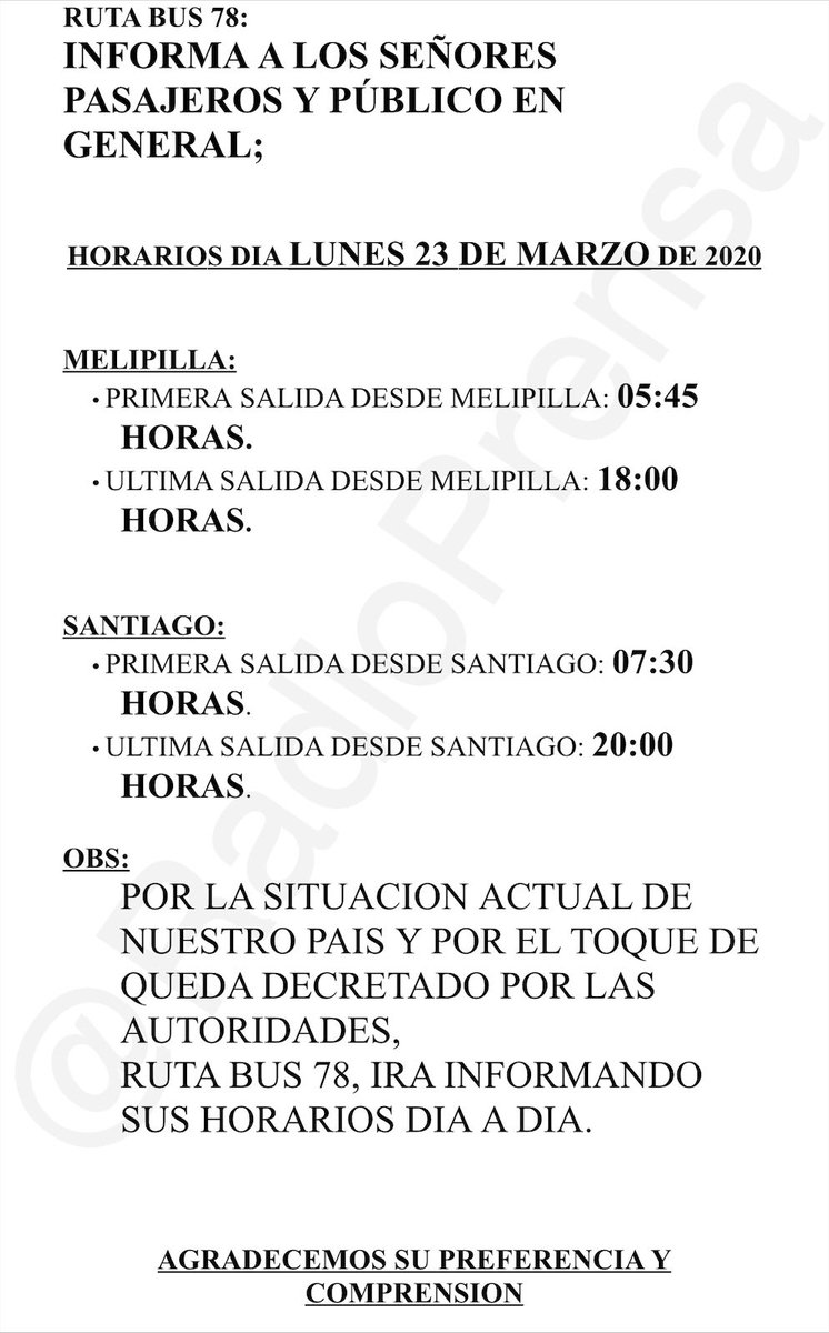 RadioPrensa's tweet photo. 🔴 #SiempreAlerta
Compartimos con ustedes los horarios de servicios de #RutaBus78 a contar de este lunes 22 de marzo. https://t.co/Js0sb3g9iV