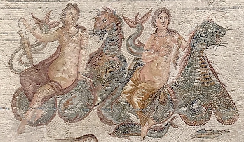 Crabby Oceanus (left), Amphitrite and Neptune (top right), and two Nereids on sea horses (bottom right). 2nd-3rd c. CE #mosaic from Utica. Bardo National Museum, Tunis, Tunisia.